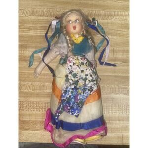 Vintage European Swiss Dutch Maid Doll with Flowers 9” Plaster With Cloth